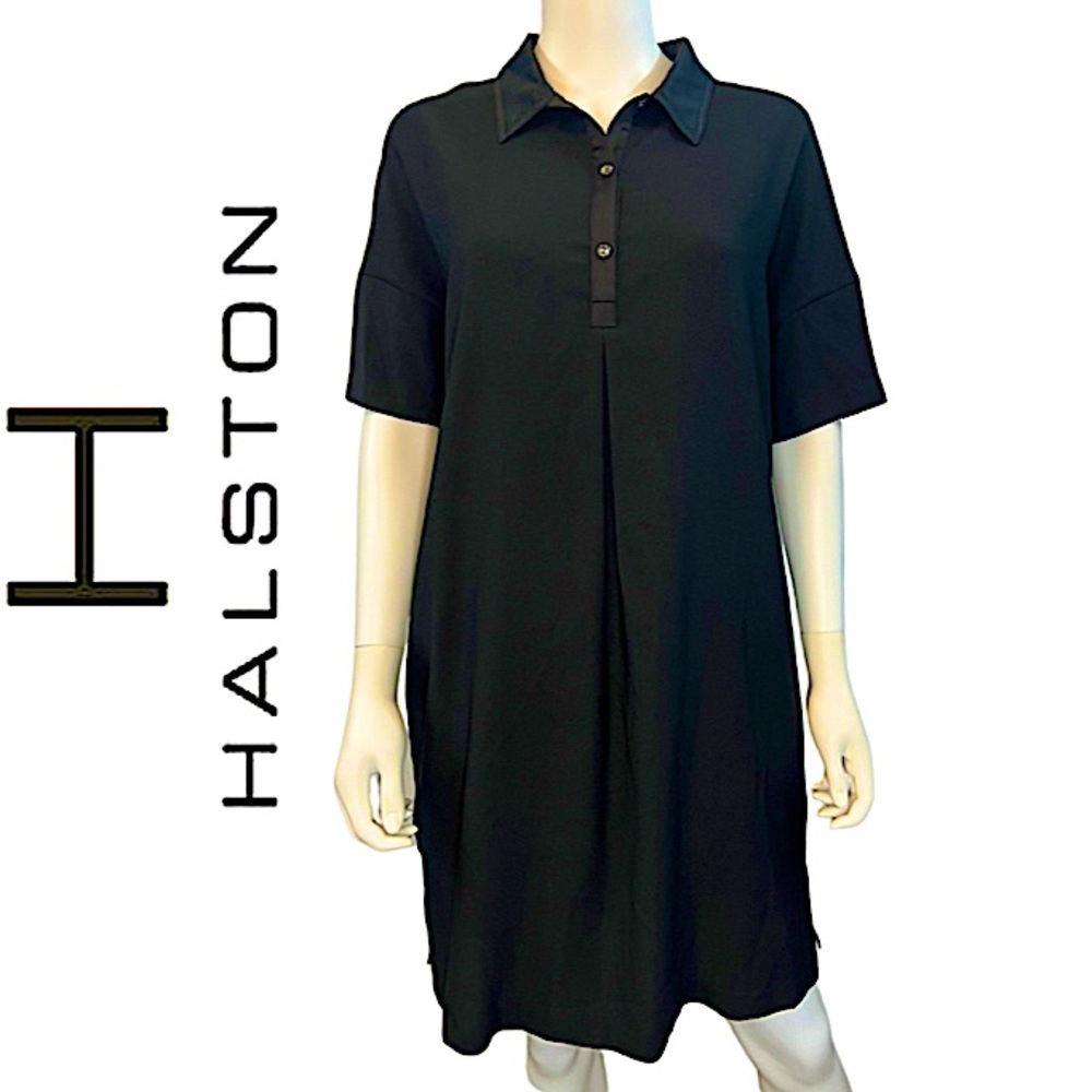 HALSTON. NWT. Gorgeous short-sleeve collard tee shirt midi dress. Black. S(OVS).